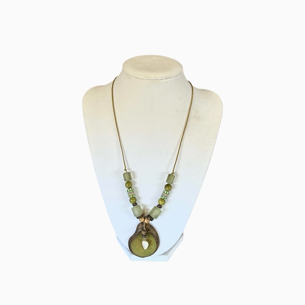 Boho Eclectic Mixed Media Pendant Necklace Earthy Artsy Glass Wood Clay Beads
